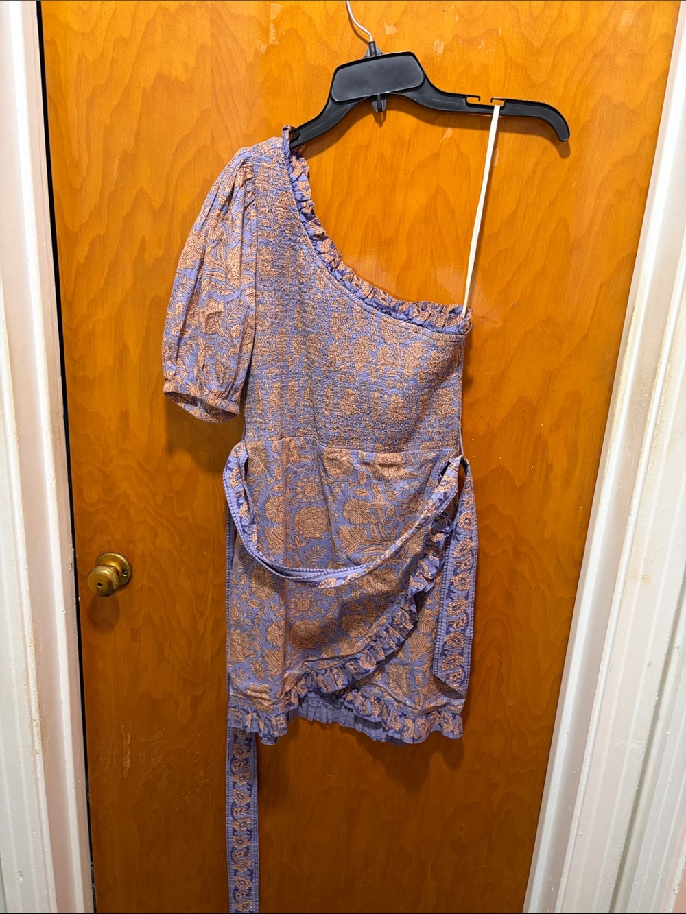 Cleobella Lavender and Tan One-Shoulder Floral Mini Dress with Puff Sleeve